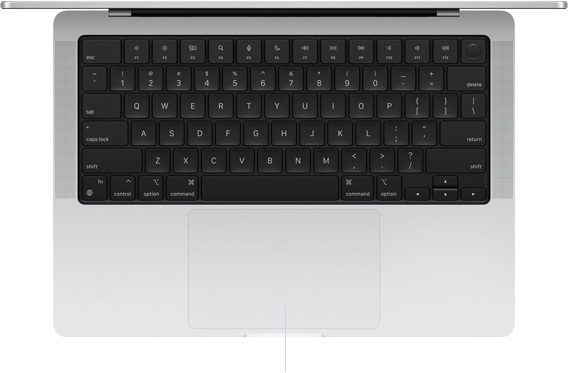Vue en plongée du MacBook Pro 14 pouces ouvert, montrant le trackpad Force Touch au bas du clavier