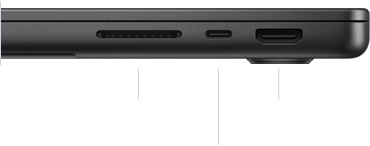 Højre side af en lukket 14" MacBook Pro med M3 Pro eller M3 Max, der viser SDXC-kortpladsen, en Thunderbolt 4-port og HDMI-porten