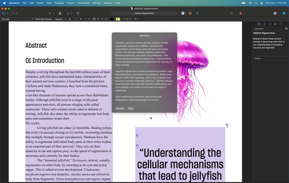 Apple Intelligence Schreibwerkzeuge fassen einen Teil einer wissenschaftlichen Arbeit über Quallen zusammen und erstellen für verschiedene Absätze Zusammenfassungen in einem Satz