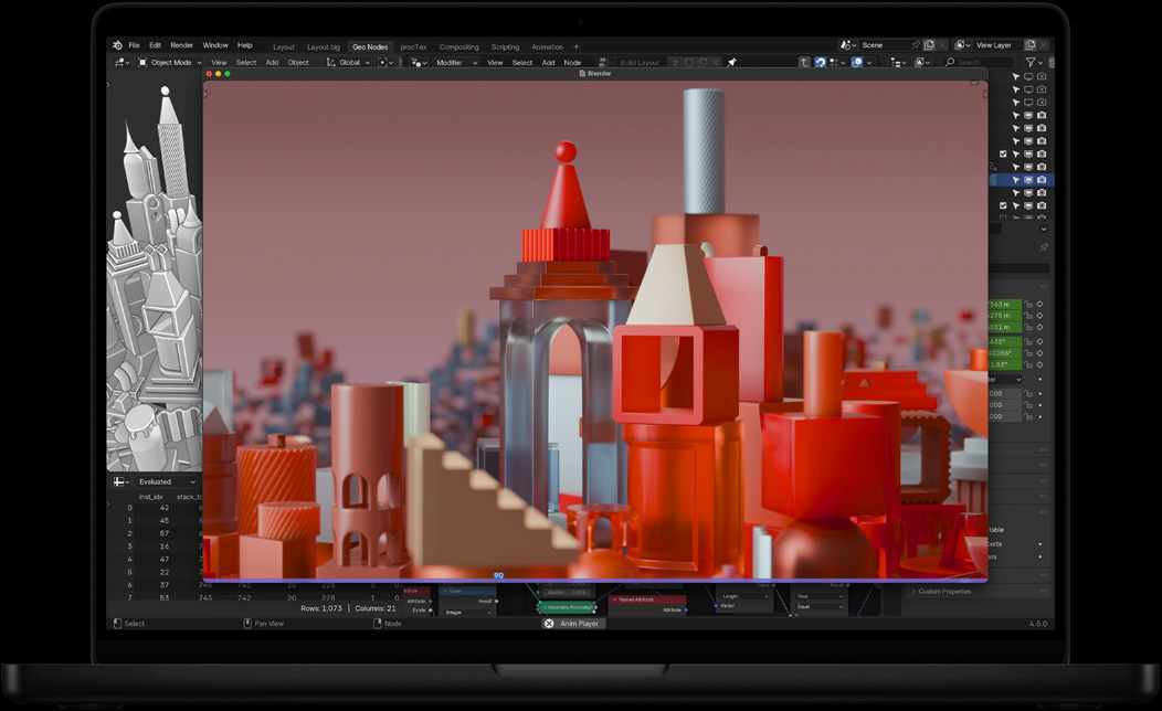 Schermata di MacBook Pro con la creazione di un’animazione 3D su Blender