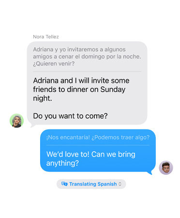 Traduzione dal vivo in Messaggi con il messaggio dell’utente: “Adriana and I are going to invite some friends to dinner on Sunday night. Do you want to come”, tradotto automaticamente in spagnolo