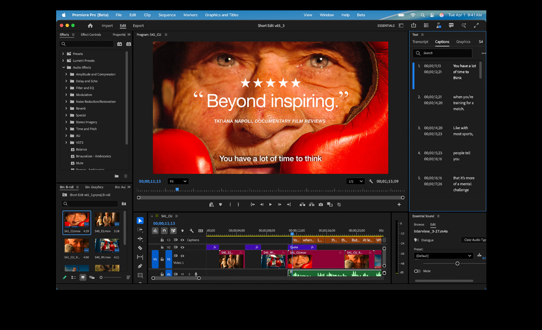 Schermo di un MacBook Pro con il montaggio di un film intitolato Eternal Play su Adobe Premiere Pro