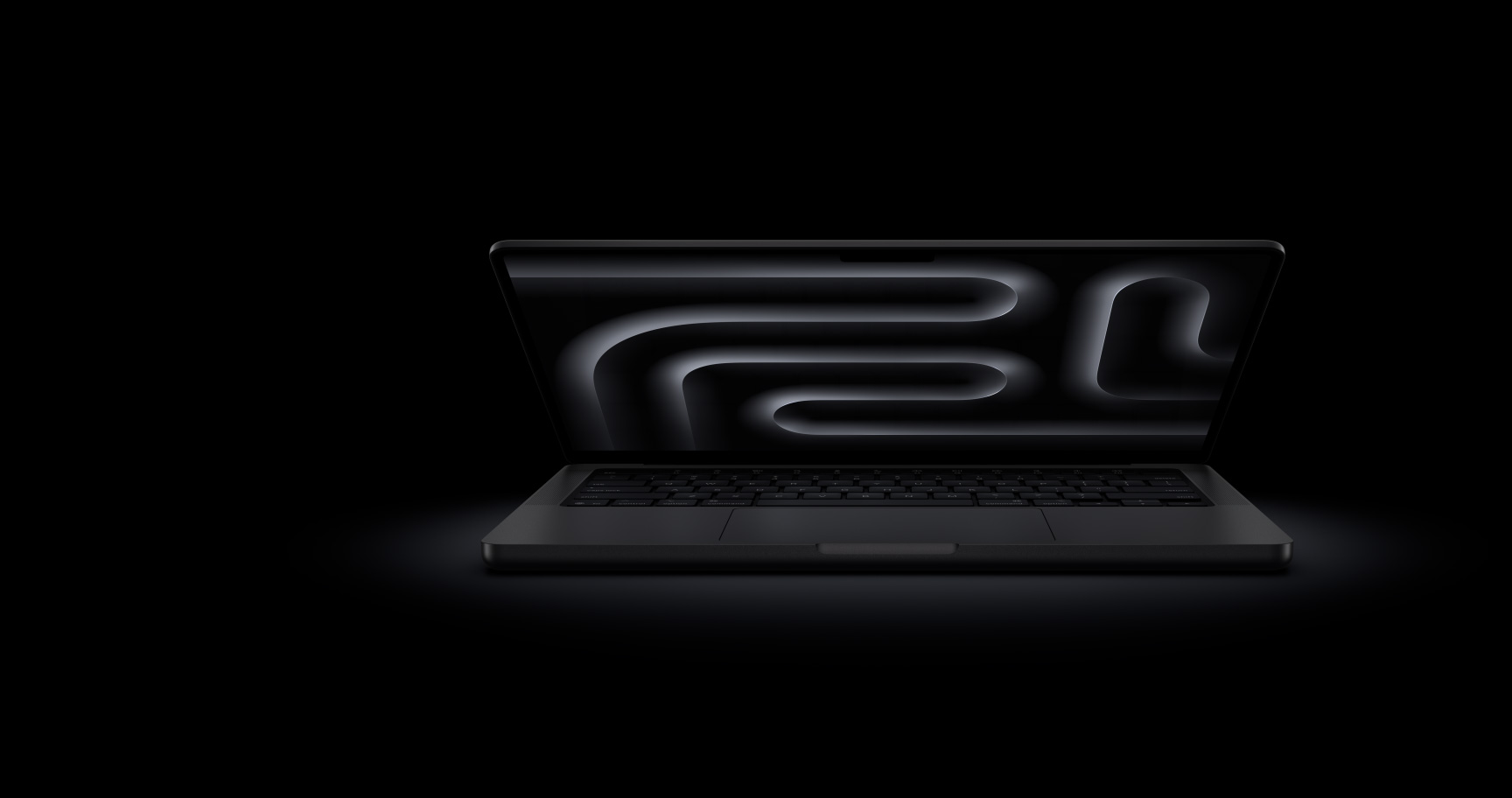 MacBook Pro nero siderale aperto e mostrato di fronte