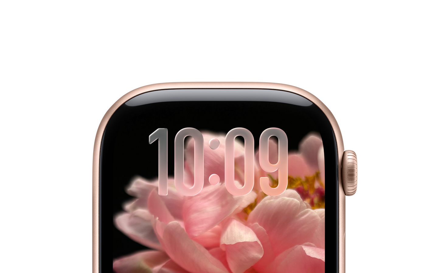 Se muestra solo la parte superior de la esfera de un Apple Watch en oro rosa sin correa donde aparece la hora con números translúcidos en Liquid Glass