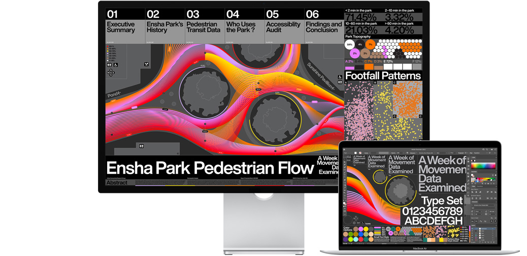 13 collu MacBook Air blakus Studio Display, kurā redzams Adobe Illustrator projekts.