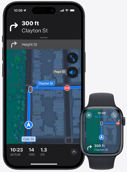 Et billede, der viser kompatibiliteten mellem Apple Watch og iPhone under brug af Kort-appen.