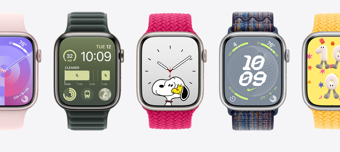 Five Apple Watch Series 9 with different watch faces. A Palette face, a Modular face, a Snoopy face, a Nike Globe face, and Playtime face.