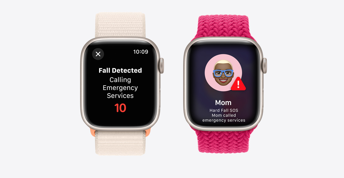 Two Apple Watch Series 9. The first shows a fall detected screen where emergency services are being called. The second shows that "Mom" had a hard fall detected where emergency services were called.
