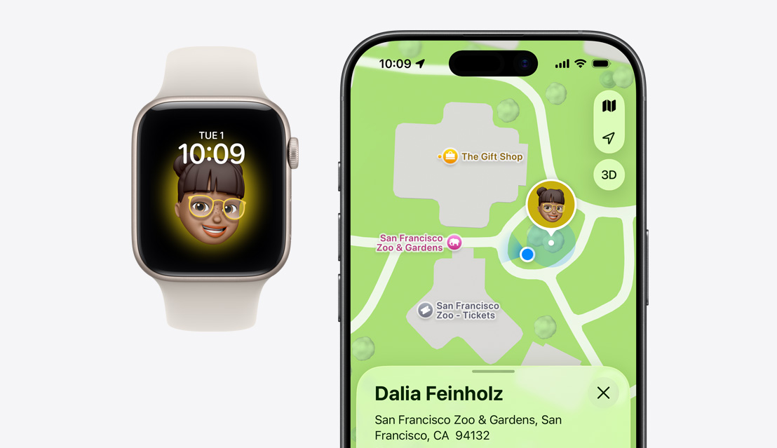 Apple Watch SE 3, child’s Memoji on screen, iPhone 17, Find My app, child’s location on map