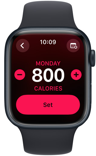  An Apple Watch screen displays a Move goal of 800 calories.