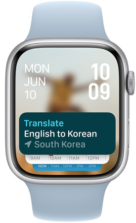  An Apple Watch screen displaying the Translate app widget in the Smart Stack.
