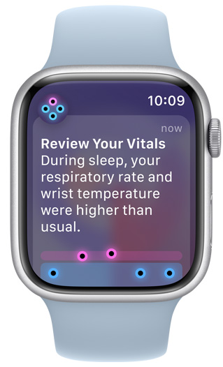  Apple Watch screen displaying and alert "Review Your Vitals"