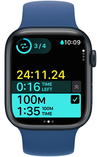 An Apple Watch screen displays the timing of a custom pool swim workout
