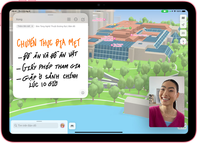 Ghi Chú Nhanh trong Bản Đồ với hình thu nhỏ FaceTime trên iPad.