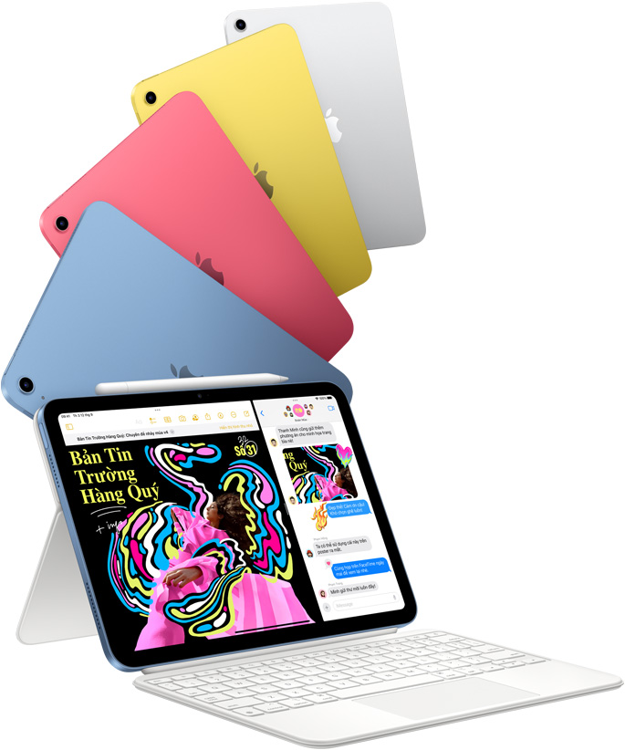iPad với các màu xanh dương, hồng, vàng và bạc. Một iPad được gắn vào Magic Keyboard Folio.