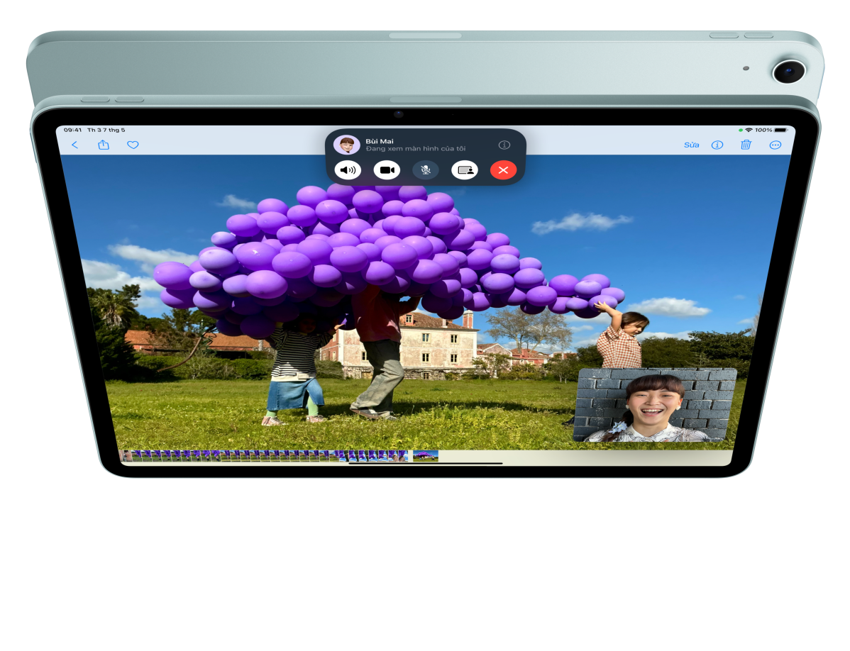 Animation of iPad Air, front exterior, user is on FaceTime and looking at photos, in front of another iPad Air, back exterior