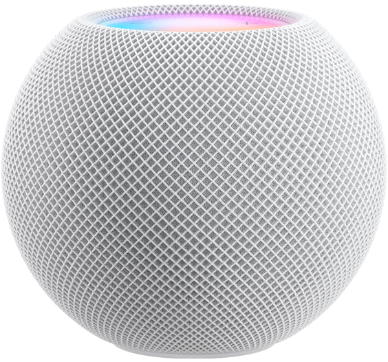 HomePod mini สีขาว สีน้ำเงิน และสีส้มที่วางซ้อนกันในแนวลึกและถ่ายจากด้านข้าง และมีการเรียกใช้งาน Siri