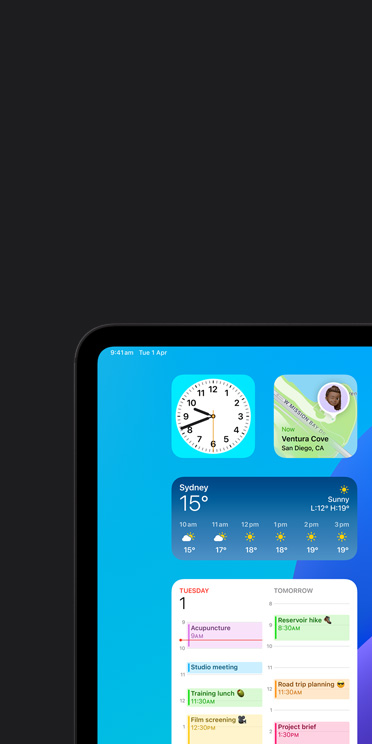 VoiceOver feature on iPad Pro screen showing Weather app widget with audio output “Weather, Sydney, 15 degrees”
