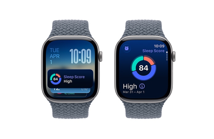 Apple Watch Series 11, цвят астро сиво, алуминиев корпус, предложения от Умна група, известие за резултата от съня, дясна външна част, Digital Crown, Braided Solo Loop, цвят метално синьо