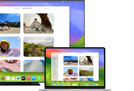 Mac compartilhando fotos com uma TV de tela plana usando o AirPlay da Apple.