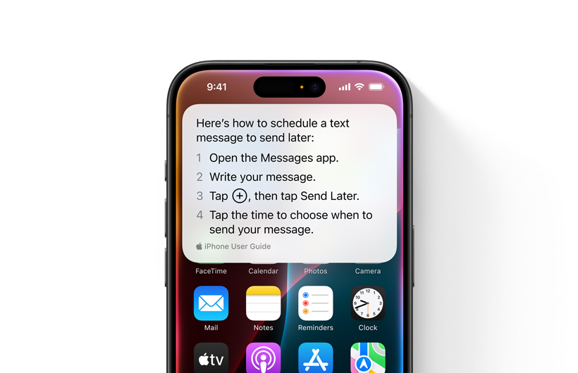 Imagem de um iPhone com orientações passo a passo sobre como programar uma mensagem de texto para enviar mais tarde.