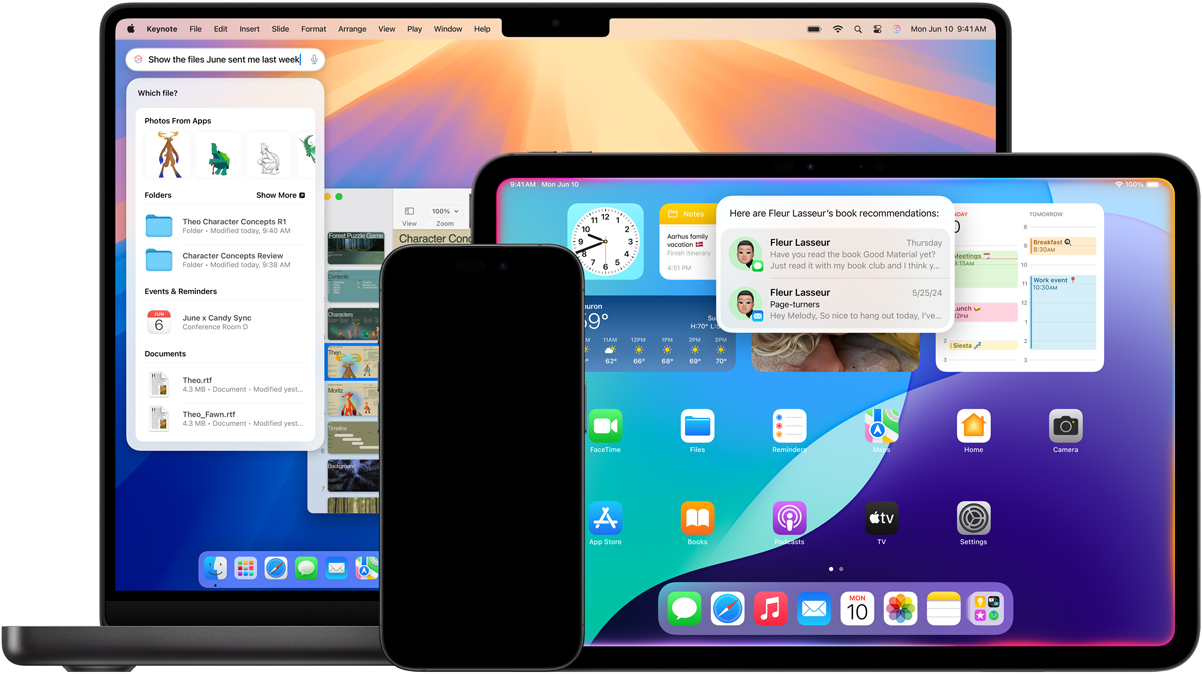 Um Mac, um iPad e um iPhone mostram os novos recursos da Siri impulsionados pela Apple Intelligence.