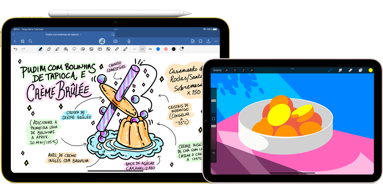 À esquerda, um iPad (10ª geração) na horizontal mostra uma ilustração com anotações e um desenho. O Apple Pencil (USB-C) está fixado na parte superior. À direita, um iPad mini na horizontal mostra uma ilustração colorida criada com o Procreate.