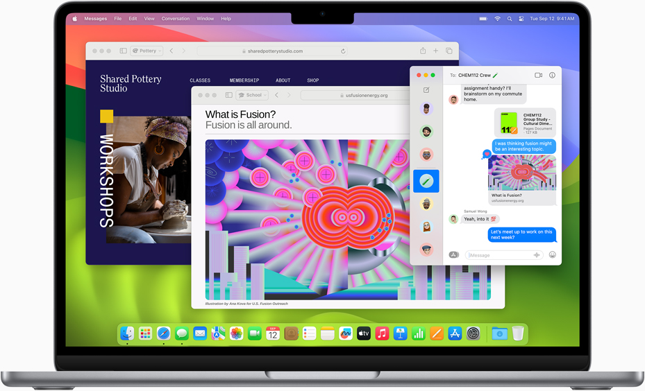 Os apps Safari e Mensagens são mostrados em um MacBook Air