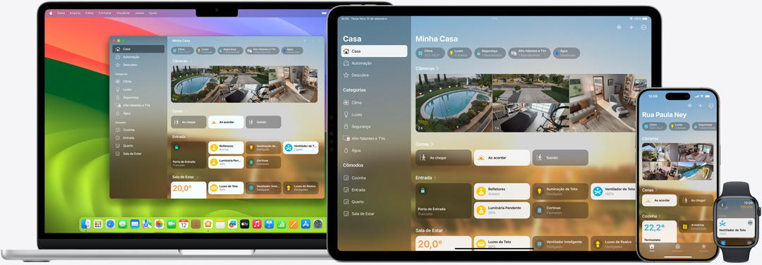 A interface do app Casa é mostrada em um Mac, iPad, iPhone e Apple Watch.