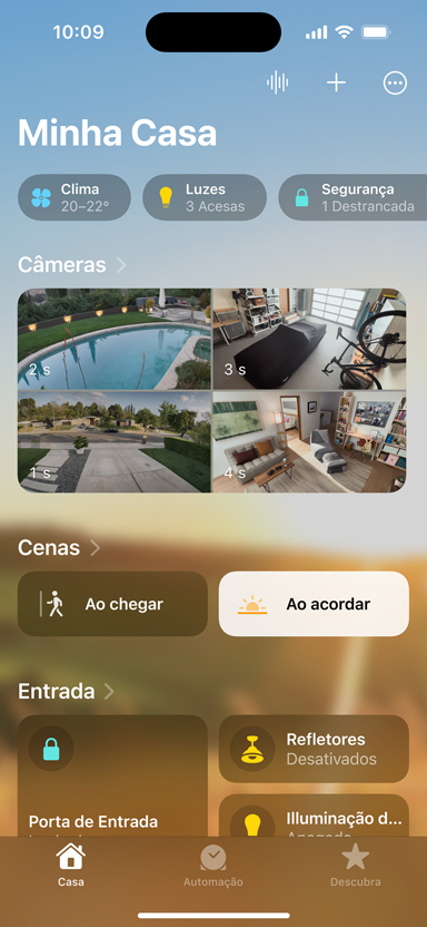 iPhone mostrando as seções Minha Casa, Câmeras, Cenas e Entrada