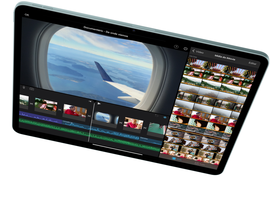 iPad Air na horizontal, mostrando a edição de um vídeo no iMovie.