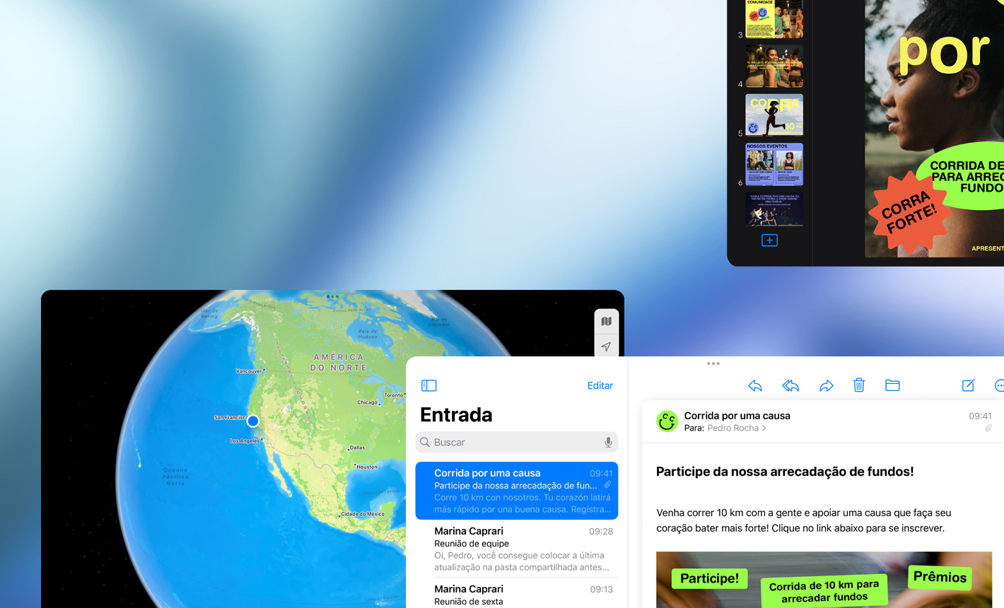 Várias telas na horizontal mostrando diferentes apps em uso.