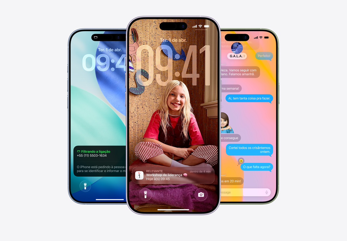 Tela do iPhone mostrando uma janela da Filtragem de Ligações, tela do iPhone mostrando uma janela do Calendário em um fundo personalizado com a foto de uma criança, tela do iPhone mostrando o app Mensagens com o design em Liquid Glass