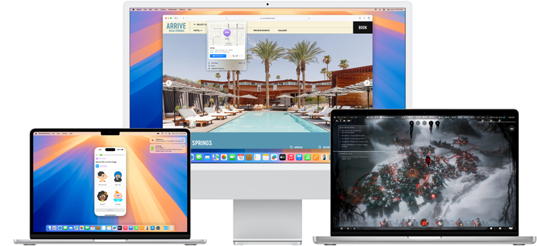 Vários computadores Mac são mostrados com os novos recursos do macOS Sequoia.