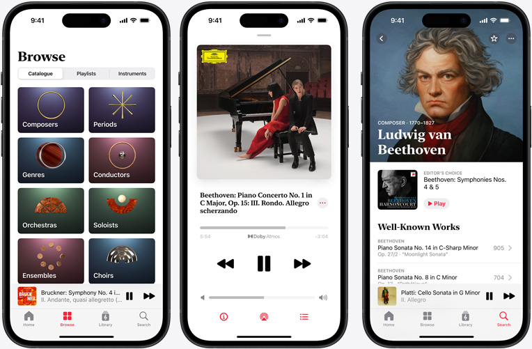 iPhone on left showing Apple Music Classical Browse tab with the Catalog tab selected with Composers, Periods, Genres, Conductors, Orchestras, Soloists, Ensembles and Choirs categories; iPhone in middle showing Beethoven's Piano Concerto No. 1 in C Major, Op. 15: III. Rondo. Allegro scherzando playing in Dolby Atmos; iPhone on right showing Ludwig van Beethoven's Composer page