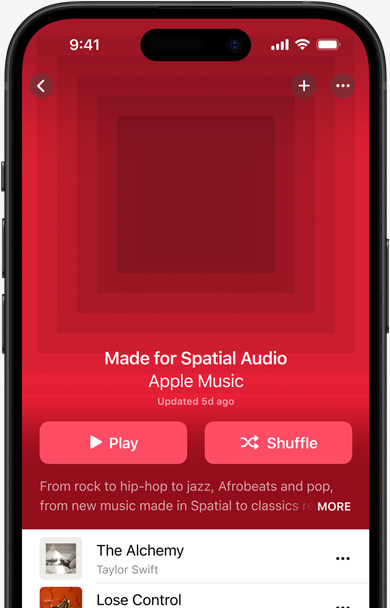 iPhone screen with Made for Spatial Audio playlist cover art in the Apple Music app