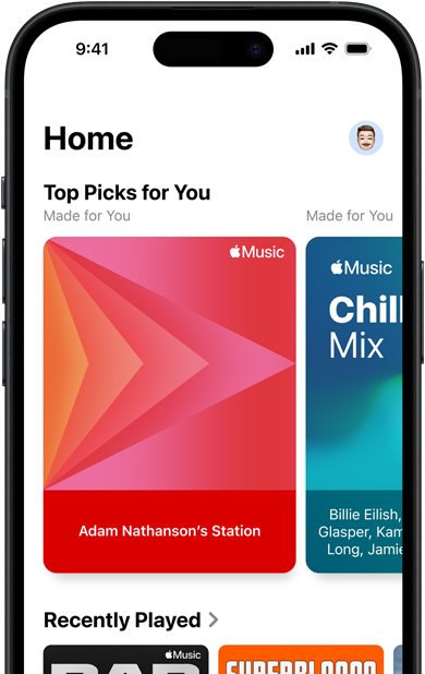Apple Music Home tab screen on iPhone, Top Picks for You carousel showing Jenny Court's personalized stations and playlists