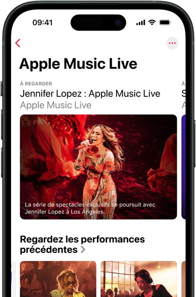 Apple Music Live sur l’écran d’iPhone, affichant les catégories À regarder et Performances précédentes, ainsi que des contenus exclusifs comme Apple Music : Les 100 meilleurs albums