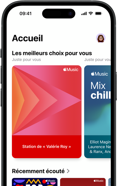 Écran d’iPhone montrant l’onglet Accueil d’Apple Music, le carrousel Les meilleurs choix pour vous montre les stations et listes de lecture personnalisées de Valérie Roy