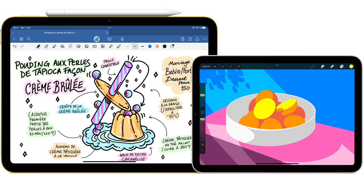 On left, iPad 10th generation, landscape orientation, displaying a graphic with notes and a drawing with Apple Pencil USB-C attached at top. On right, iPad mini, landscape orientation showing a colorful illustration made with ProCreate.