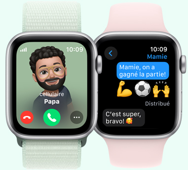 Deux Apple Watch, l’une affichant un appel entrant du père, l’autre un texto que l’enfant adresse à sa grand-mère annonçant une victoire à un match.