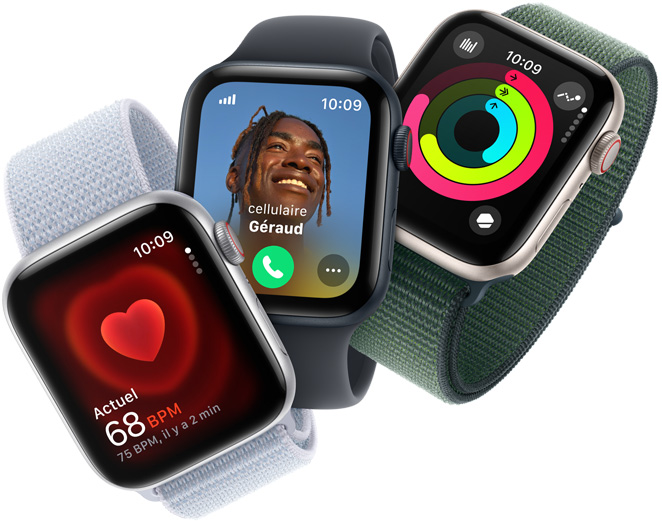 Image montrant trois Apple Watch SE qui affichent respectivement un suivi de fréquence cardiaque, un appel entrant et les anneaux d’activité