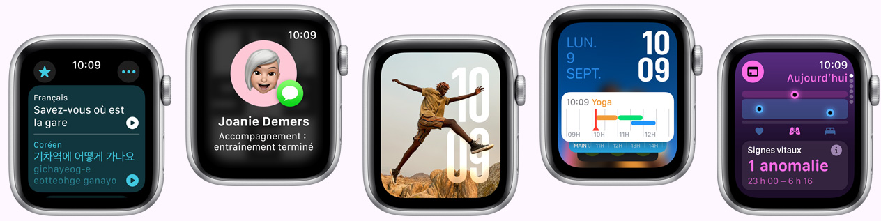 Cinq Apple Watch affichant respectivement l’app Traduire, l’app Accompagnement, le cadran Photos, le cadran Modulaire et l’app Signes vitaux