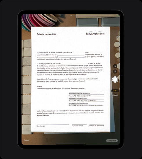 Portrait orientation, iPad Pro, a document is being scanned in