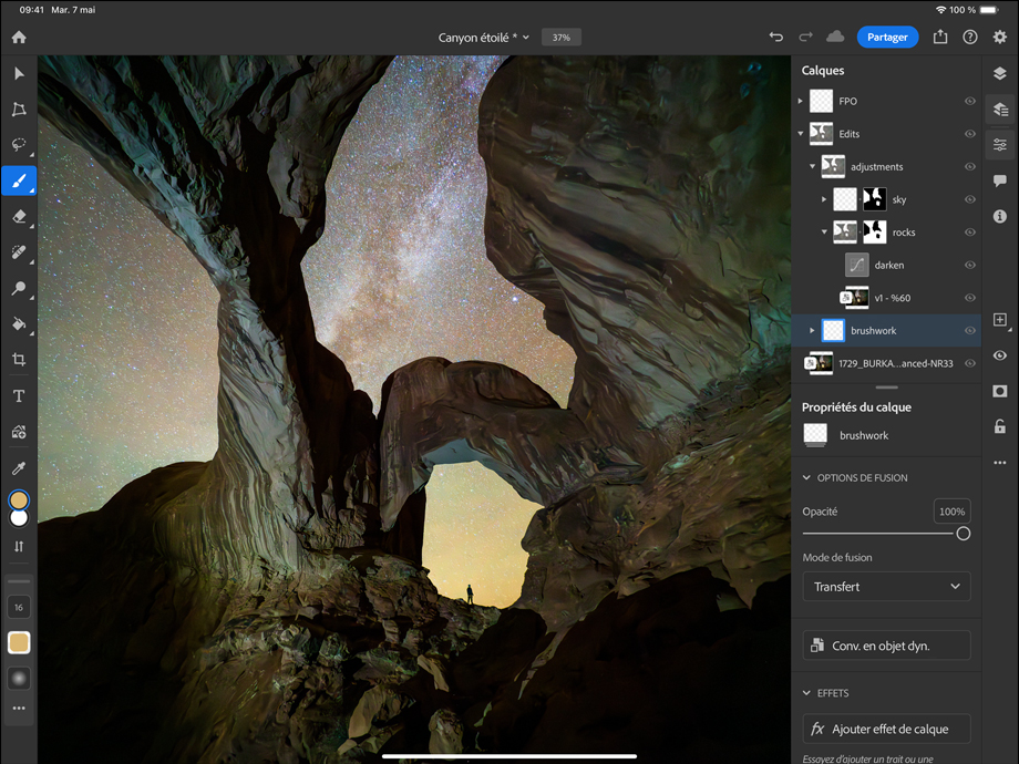 Orientation paysage, iPad Pro affichant une photo en cours de retouche, un canyon et un ciel étoilé