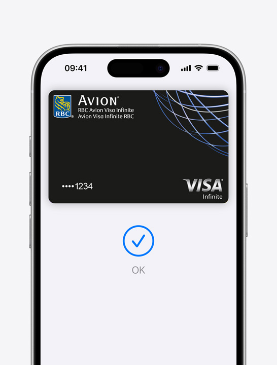 Écran montrant une carte de crédit utilisée avec Apple Pay.