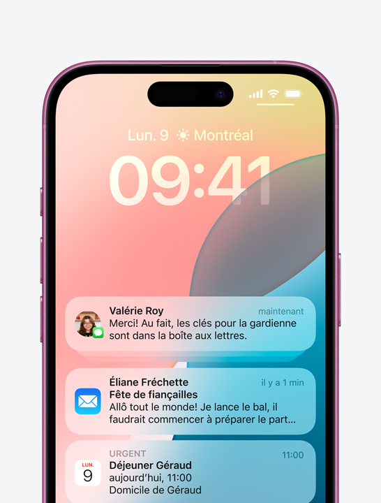 Écran d’iPhone affichant des notifications de texto et de courriel.