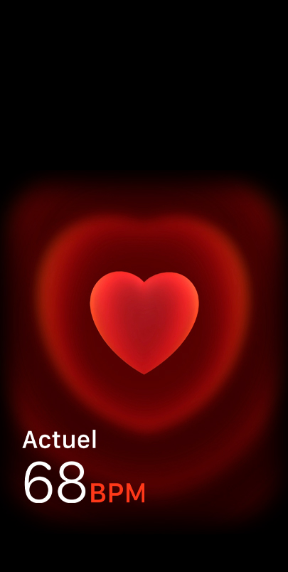 Nombre actuel de battements par minutes affiché dans l’app Fréquence cardiaque.