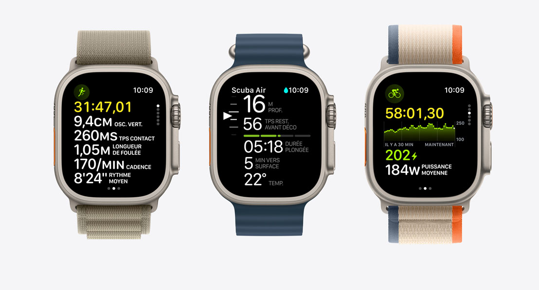 Image montrant trois Apple Watch Ultra 2. La première affiche des données de course, la deuxième des données de plongée dans l’app Oceanic+, et la troisième des données d’entraînement à vélo.