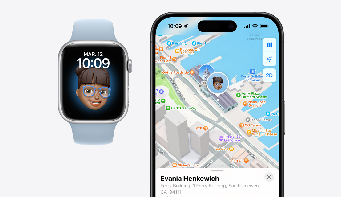 Une Apple Watch Series 9 affichant le memoji d’une enfant, et un iPhone 15 Pro montrant la position de l’enfant dans l’app Localiser.